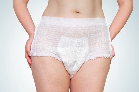 woman wearing adult disposable absorbent
