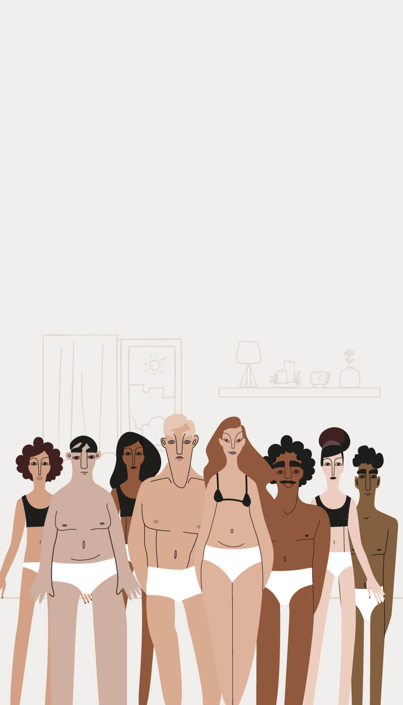 Illustration of a diverse group of people wearing underwear on a white background