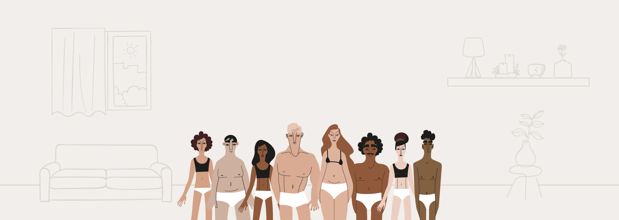Illustration of diverse women in various body shapes wearing underwear on a white background