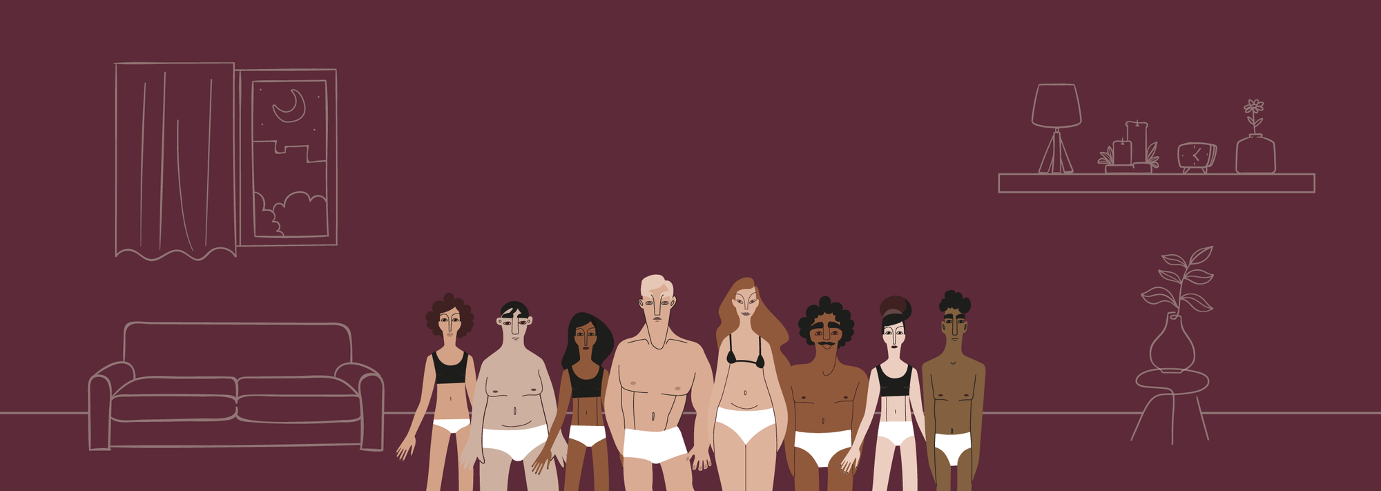 Illustration of a diverse group of people in a living room setting on a purple background